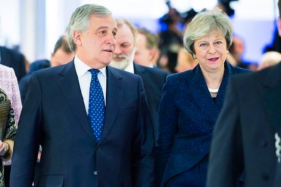 EP President Antonio TAJANI and EP Brexit coordinator Guy VERHOFSTADT (ALDE,BE), receive British Prime Minister Theresa MAY to discuss on the latest developments in the negotiations on the British departure from the European Union