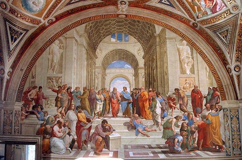 Rafael Sanzio: La Escuela de Atenas. 1510-1511. Fresco. 500 cm × 770 cm. Museos del Vaticano, Vaticano.